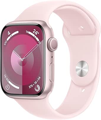 Apple Watch Series 9 [GPS 45mm] Smartwatch with Pink Aluminium Case with Light Pink Sport Band. Fitness Tracker, Blood Oxygen & ECG Apps, Water-Resistant - M/L